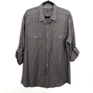 JF J.Ferrar Button Up Shirt Taupe Roll Tab Sleeve Flap Pocket XL 17-17 1/2
